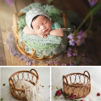 Реквизит за снимки на новородени, мебели, кръгла кошница от ратан в ретро стил, Bebes Accesorios Recien Nacido, на фона на представляващи малки момичета и момчета на леглото