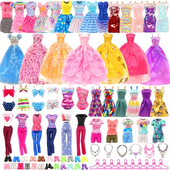 Barwa 44 бр. Модни Дрехи и аксесоари за кукли = 12 Рокли + 3 Topa и Панталони + Бански костюми, Колиета, Обувки, Подарък за деца от 3 до 8