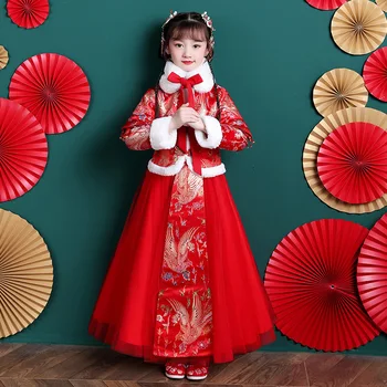 Поздравления честита Нова година момичета, зимата рокля с бродерии, и пискюли, винтажное рокля с копчета Hanfu Qipao, рокля на принцеса