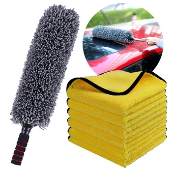 Инструмент за почистване на автомобила, четка за миене от микрофибър, прибиращ се дълга дръжка от неръждаема стомана, пера, четки за прах, автоаксесоари