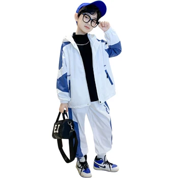 Комплект дрехи за момчета в корейски стил, пролетно-есенни тийнейджърските си палто с качулка с цип и панталони за джогинг, детски спортни костюми с надписи от 4 до 16 години