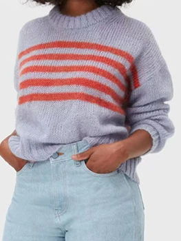 Дамски памучен пуловер на райета, есен-зима, през цялата силует, модни обикновена ежедневни пуловери, блузи, модни прости женски скок 2022