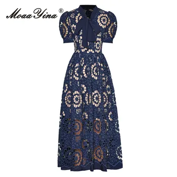 Модерно дизайнерско рокля MoaaYina, лятно женствена рокля, тъмно синьо, яка-пеперуда, фенер, къс ръкав, тънка отворени рокли с бродерия
