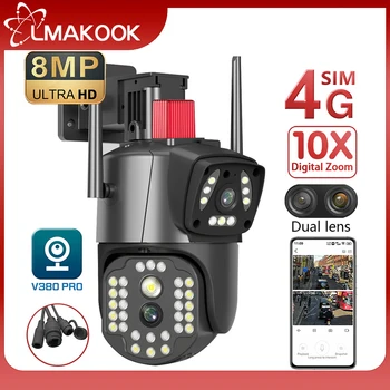 LMAKOOK 4K 8MP 4G СИМ-карта двухобъективная PTZ камера с двойна екран AI проследяване на човек WIFI сигурност, ВИДЕОНАБЛЮДЕНИЕ IP камера V380 PRO