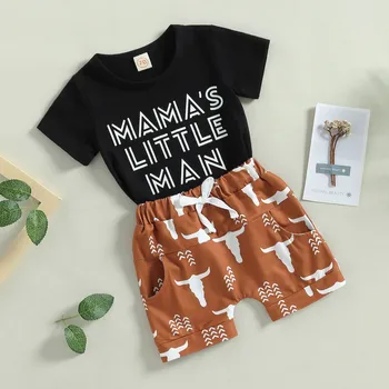 Комплекти шорти за новородени момчета Летни дрехи 2023 Тениска с къси ръкави и букви с еластичен колан Шорти с глава на бик Облекло