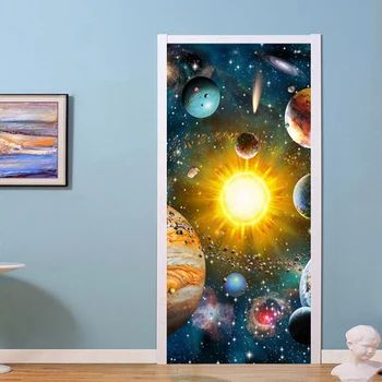 Модерна 3D стикер на вратата на космическата Вселена, детска спалня, хол, начало декор, стенни тапети, самозалепващи етикети на врата на плакат