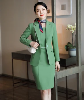 Женският елегантен костюм с пола за делова работа, интервю, дрехи за хотела, абрикосово-зелено, синьо, тънко сако на една пуговице, комплект от две части