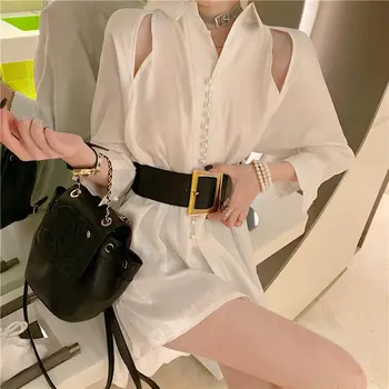 Дамска риза с открити рамене, корейската мода, перлени копчета, тънък топ с дълъг ръкав, выдалбливают дизайнерски офис женски обувки, елегантност, високо качество