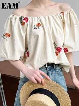 [ИАЛ] Дамски Бежовата Елегантна Блуза с цветя Модел Големи Размери, Нова Риза Свободно Намаляване с Лодка деколте и къс Ръкав, с Модерна Риза Пролет-Лято 2023 1DF8087