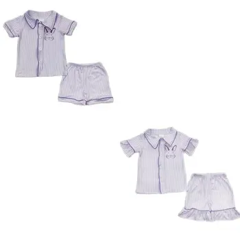 Продажба на едро, детски Великденски комплект за малки момичета и момчета с къси ръкави във формата на заек, лилави райета панталони с копчета, бебешки дрехи