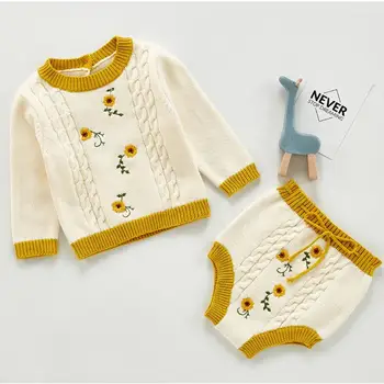 Есента вязаный пуловер за новородени момичета, жилетка + шорти, комплект с бродерия на цветя, комплект пуловери за бебета