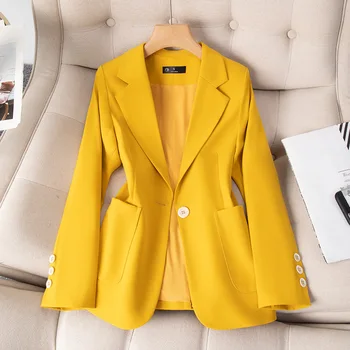 Жълт всекидневни офис блейзър за жени, есенни палта с дълъг ръкав и джоб на една пуговице, синя дамски работно облекло, оборудвана сако