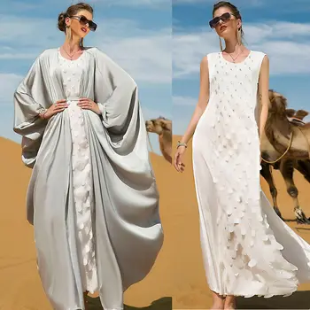 Сатен дамски мюсюлманска Абайя, открит жилетка, на Макси рокля, Дубай кафтан, марокански Джилбаб