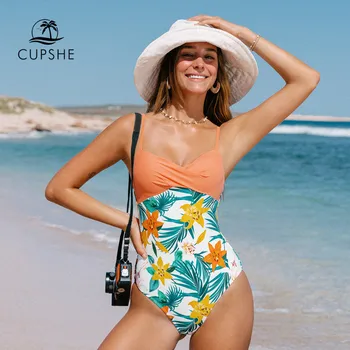 CUPSHE повдигащ Обрат С V-образно деколте, едно Парче Бански костюм За Жени, Секси Оранжево Монокини С Цветен Модел, Бански костюми 2023, Бански Костюм, Плажно Облекло