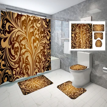 Реколта златни комплекти завеса за душ, 4 предмета, черно-златни дизайнерски форми, нескользящий подложка за баня, капака на тоалетната чиния, водоустойчива душ завеса за душ, комплект