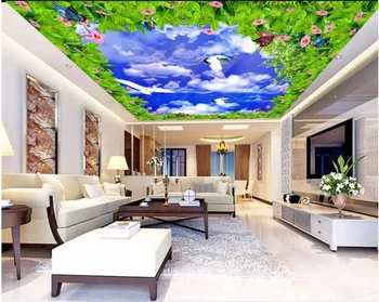 Потребителски снимки на 3d таван стенописи тапети синьо небе, бели облаци цветен декор живопис 3d стенописи тапети за хола
