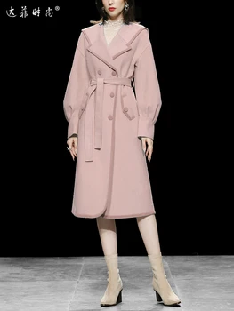 Модно дамско палто, вълнена Есен зима 2022, розова дамски връхни облекла с тънка талия, женски, плътен покривка козината е със средна дължина, новост