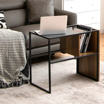 Многофункционален диван С-образна форма, приставной маса с дървени рафта, малка странична масичка, Холни маси, компютърни маса, рафтове за съхранение