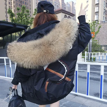 2023 ново дамско зимно палто с голяма яка от кожа на миеща мечка, подплата от естествена миеща мечка, яке с бродерия под формата на серпа