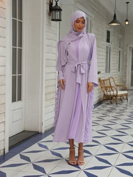Ново мюсюлманската Модно рокля-Жилетка С Жакетом с дълги ръкави И превръзка на главата, Арабско Однотонное Женствена рокля от три части дантела