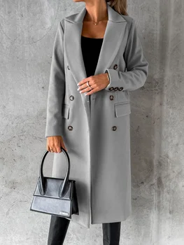 Однотонное палто с ревера и бутони, дълго зимно палто от вълна и смеси 2023, класически дамски модни палта свободно, намаляване, Femme