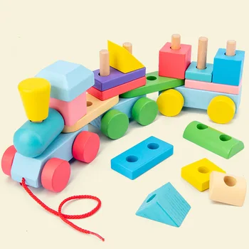 Детски дървени конструктори Влак мультяшные играчки за деца Геометрична форма на Познание Монтесори забавни играчки за деца