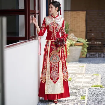 Традиционно китайското сватбена рокля Чонсам, източна дамски дрехи за наздравици, ципао с пайети и мъниста