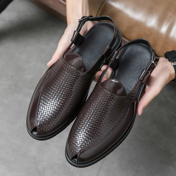 Мъжки летни сандали от изкуствена кожа в британския стил, дишащи сандали голям размер с катарама, бизнес ежедневни обувки, големи размери 38-48