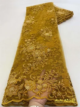 Африканска лейси плат, ново записване 2023, висококачествена тъкан със златни пайети, бродирани с мъниста, Лейси плат с бродерия за една вечерна рокля XZ0189
