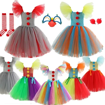 Рокля за костюм на клоун за Хелоуин за момичета, елегантен карнавальное рокля-пакетче принцеси с пищни ръкави, детски дрешки с чорапи