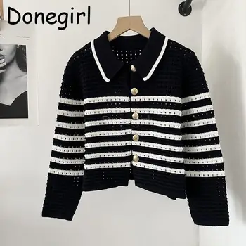 Donegirl 2023, новост пролет, есен, ново дамско Поло, вязаный пуловер на райета, кухи однобортный жилетка, палта, блузи, женски шик