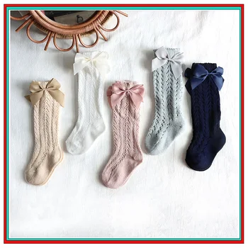 Летни детски чорапи с лък за деца, дълги чорапи до коляното за момичета, меки памучни открити детски мрежести чорапи принцеса от 0 до 5 години