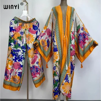 WINYI /костюм-двойка, кимоно, прави панталони, богемное африкански рокля големи размери, дамски еластичен празничен кафтан с дължина до пода