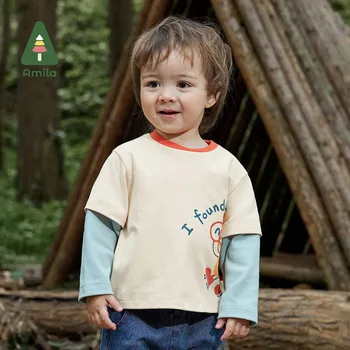 Тениска на Stanislav за момчета, новост есента 2023, изкуствен дизайн от две части, контрастная ред, модни памучен дрехи за деца, дишаща топло