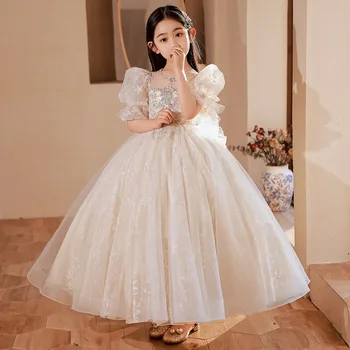 Детски дрехи за момичета от 3 до 14 години, Сетчатое Принцеса Рокля цвят Шампанско, Детско Сватбена Рокля с цветя Модел, Вечерна рокля за изпълнения на Пиано