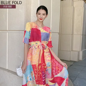 Miyake плиссированное ново модно рокля с принтом кръгъл отвор, колан с волани, скъпа елегантна и стилна дълга пола в сгъвката, Vestido