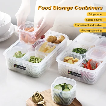 Кутия за съхранение на храна в хладилника, 6 независими многократно херметически затворени съдове за съхраняване на продукти с капаци, кухненски органайзер за хладилник