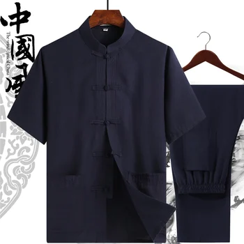 11 цвята Ретро памук бельо костюм от епохата на Тан Мъжки традиционни китайски костюми 2022 Лятна форма ушу Ориенталски ризи брючный костюм